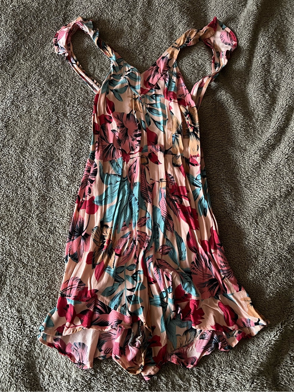 For Love and Lemons Peach Romper with Blue and Pink Flower Patterns